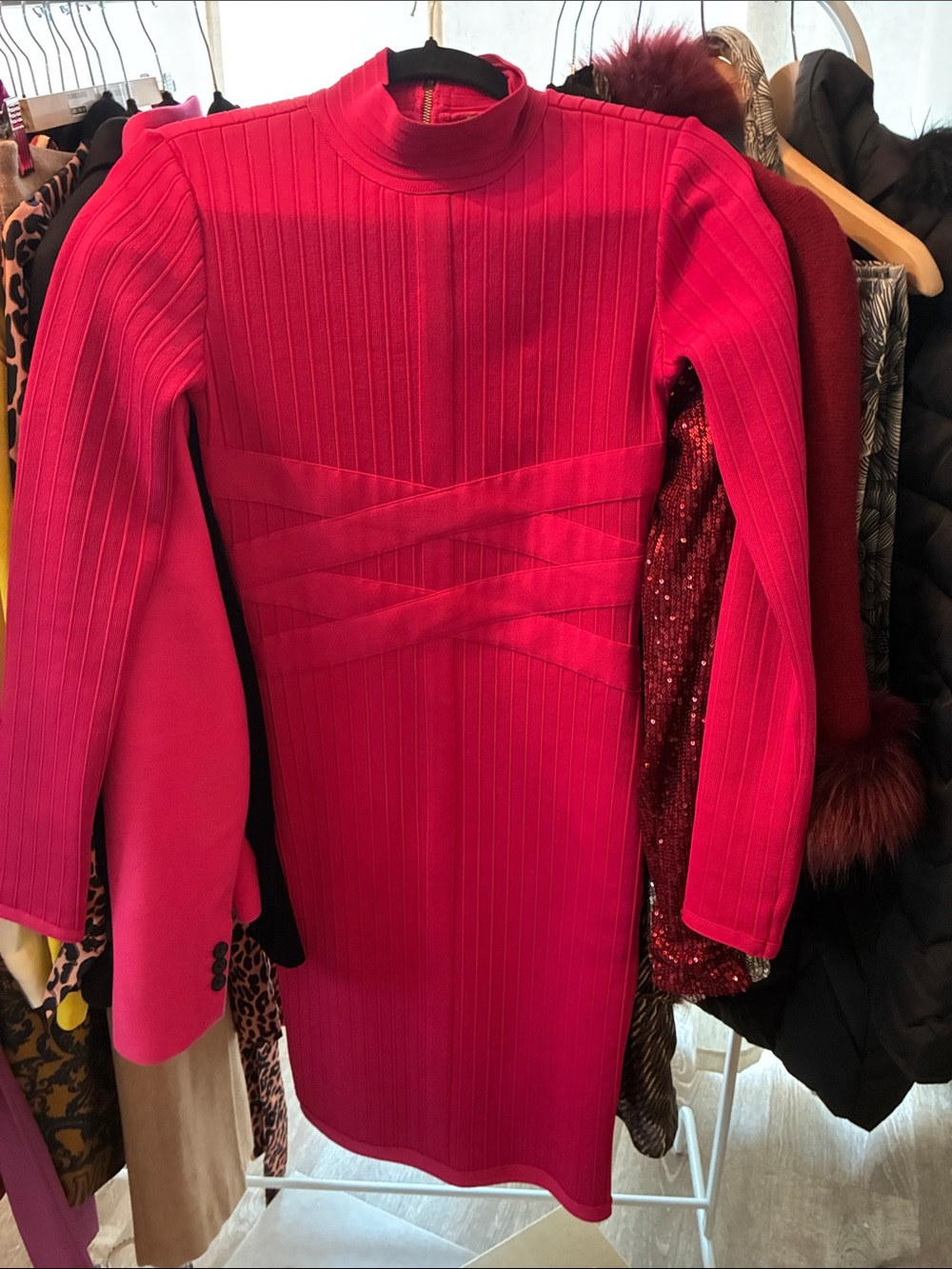 VENUS Women's Vibrant Pink Ribbed Long-Sleeve Mock Neck Bandage Dress